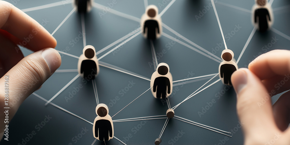 Aufkleber manager connecting wooden figures representing business network