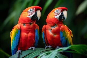 Two vibrant scarlet macaws perching on lush green leaves