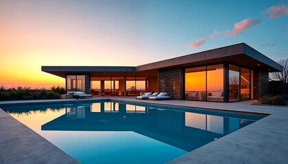 Fototapeta premium The house is set against a breathtaking backdrop of a sunset, with its modern design and sleek architecture complemented by the vibrant colors of the sky.