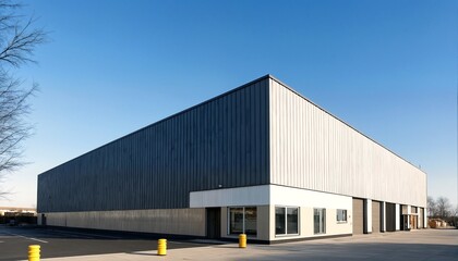 Fototapeta premium A large warehouse with a grey and white exterior and a flat roof, situated in an empty parking lot.