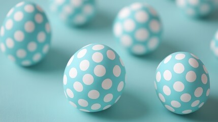 A collection of minimalistic geometric Easter eggs with a turquoise background and white polka dots