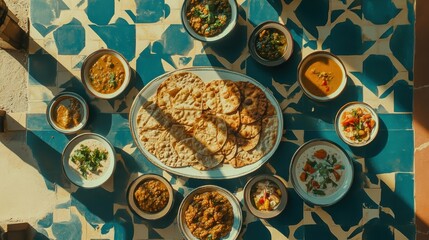 A Vibrant Indian Feast with Assorted Dishes and Flatbreads on an Elegant Blue Tiled Table