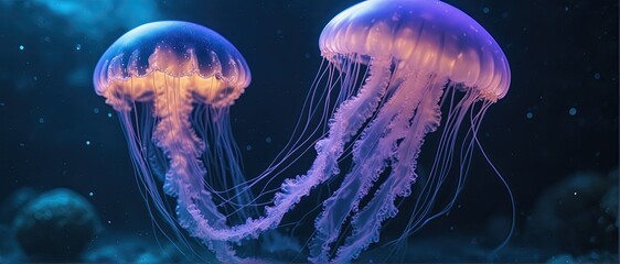 Obraz premium Surreal Sci-Fi Bioluminescent Deep-Sea Jellyfish Wallpaper. sci-fi book covers, fantasy backgrounds, oceanic conservation campaigns, futuristic advertising, luxury branding, ambient visuals