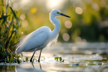 Naklejka premium Little egret wading in water at sunset with bokeh effect
