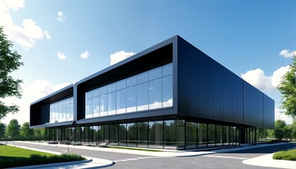 Obraz premium a modern office building with large windows and a minimalist design set against a bright blue sky.