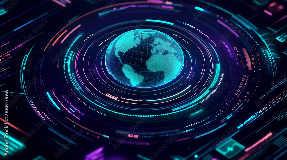 Aufkleber futuristic hologram of planet earth rotating in digital cyberspace
