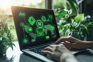 Green Tech Sustainable Business Dashboard on Laptop Screen