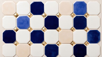 Elegant Moroccan style azulejo tiles with a mix of blue white and gold interlocking geometric designs luxurious and exotic atmosphere 