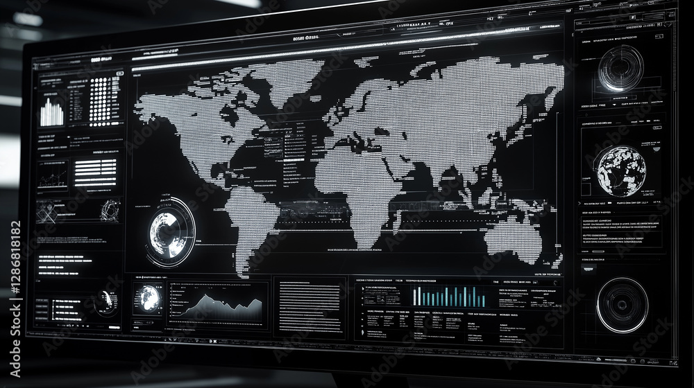 Poster Global monitoring system displaying world map and data analysis on computer screen