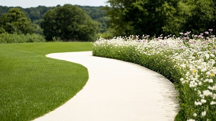 Elegant Quiet path winding through a wildflower meadow surrounded by trees and soft summer light perfect calming retreat 