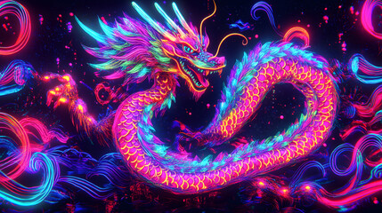 Vibrant neon dragon illustration with colorful background and intricate details for digital wallpaper design