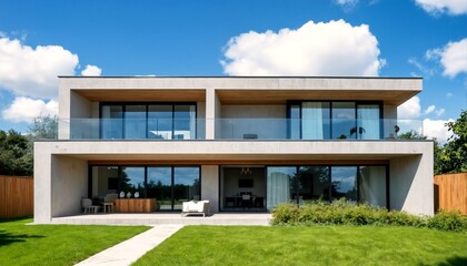 modern house design with large glass windows and balcony.