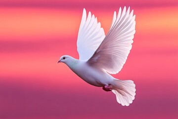 Fototapeta premium White dove flying with open wings at sunset, symbol of peace and hope