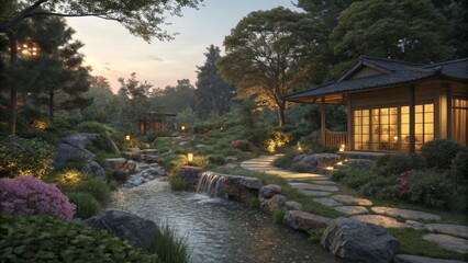 Fototapeta premium Serene Japanese Garden at Dusk Stone Path, Water Feature, Wooden House, Landscape Design, 3D Render, Zen Garden Japanese Garden, 3D Render
