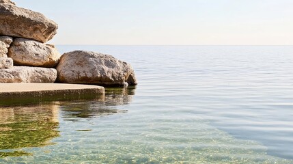 Elegant Rocky beach cove with crystal clear tide pools reflecting the golden hues of sunset hidden coastal gem 