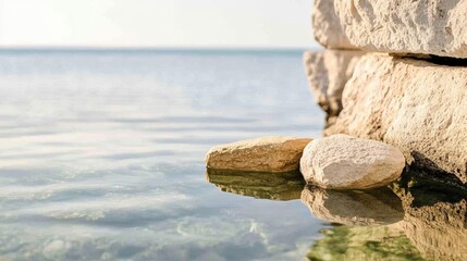 Elegant Rocky beach cove with crystal clear tide pools reflecting the golden hues of sunset hidden coastal gem 
