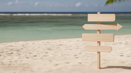 Elegant Rustic wooden signs on a sandy beach pointing toward destinations like paradise snorkeling and bar playful summer travel theme 