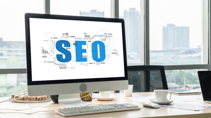 SEO search engine optimization for modish e-commerce and online retail business showing on computer...