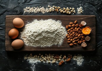 Assorted Cooking Ingredients Displayed on Wooden Board with Eggs, Flour, Nuts, and Eggshells Ready for Baking or Culinary Preparation