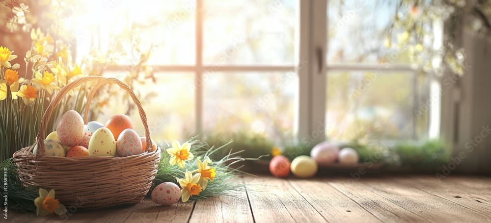 Aufkleber Easter background with a basket full of colorful eggs and daffodils on a wooden table near a window with sunlight.