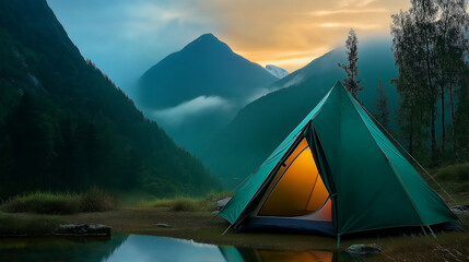 Obraz premium Illuminated tent nestled in a tranquil mountain valley at sunset