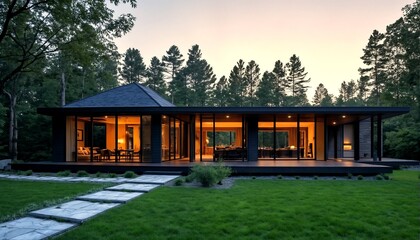 A modern minimalist dark contemporary home with clean lines and large windows surrounded by lush greenery.