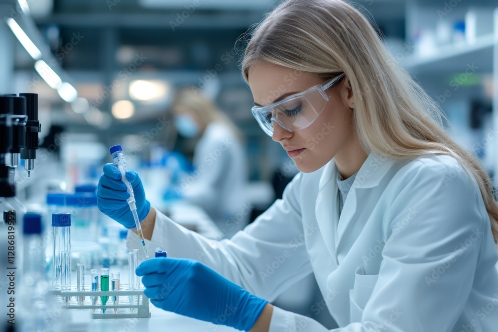 Poster Scientist working with micropipette and test tubes in laboratory