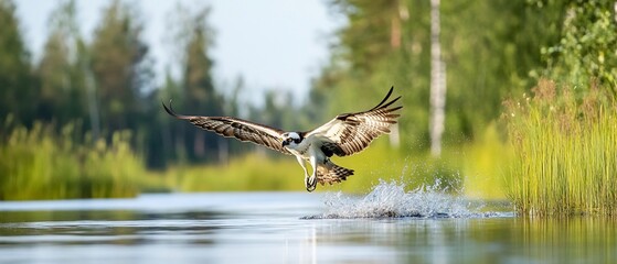 Osprey catching fish, lake, forest. Wildlife scene