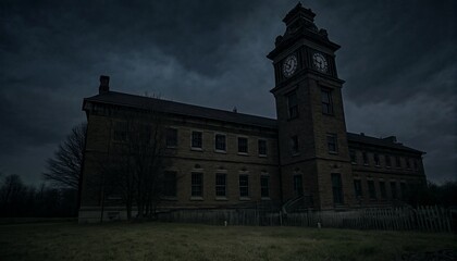 Abandoned school building on a stormy day.