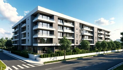 apartment building with trees and road.