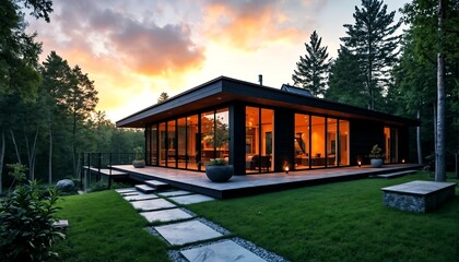 Contemporary House with Large Windows and Natural Surroundings.
