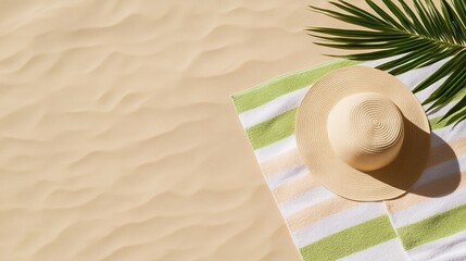 Elegant Sun hat flip flops and beach towel on golden sand with turquoise waves gently rolling in vibrant summer vacation setting 