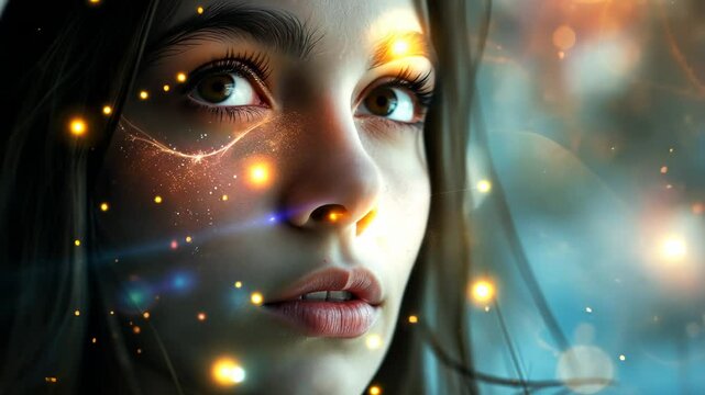 Thoughtful Girl in Dream World Astral Traveling Closeup Video AI generative