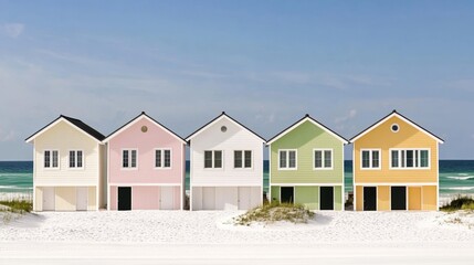 Elegant Vibrant coastal town with colorful beach houses lining the shore against a backdrop of white sand and clear skies 
