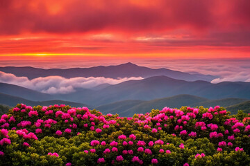 Vibrant sunrise over misty mountains with blooming rhododendrons.