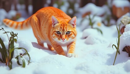 Vibrant Orange Cat in Snowy Forest