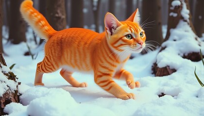 Vibrant Orange Cat in Snowy Forest