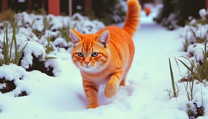 Vibrant Orange Cat in Snowy Forest