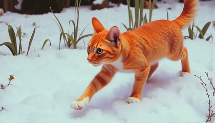 Vibrant Orange Cat in Snowy Forest