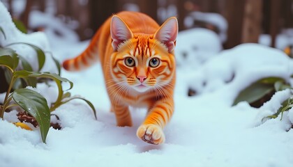 Vibrant Orange Cat in Snowy Forest