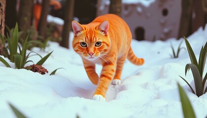 Vibrant Orange Cat in Snowy Forest