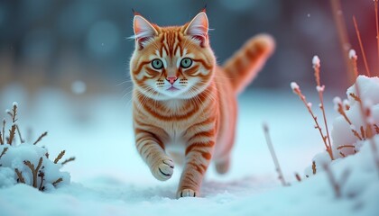 Vibrant Orange Cat in Snowy Forest
