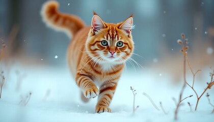 Vibrant Orange Cat in Snowy Forest