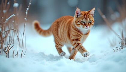 Vibrant Orange Cat in Snowy Forest