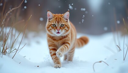 Vibrant Orange Cat in Snowy Forest