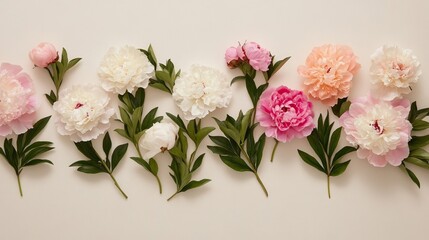 Elegant Watercolor style peonies in vibrant shades of pink magenta and white scattered across a light ivory background artistic and elegant 
