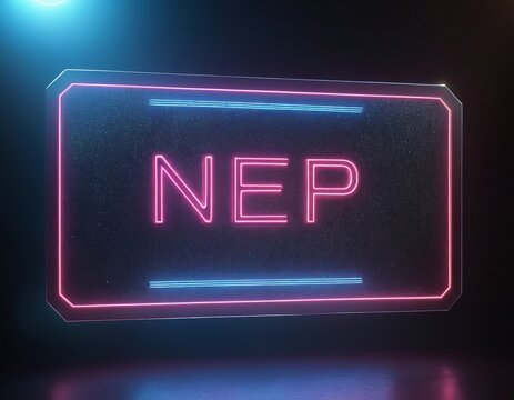Neon sign displaying 'NEP' in bright pink and blue lights against a dark backdrop.