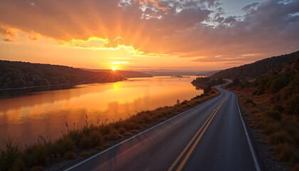 Scenic Sunset Highway Road Trip Golden Hour Lake and Mountain View