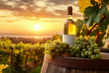 Fototapeta premium Sunset Over Vineyards with Wine Bottle and Fresh Grapes Display