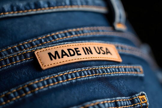 a close-up of denim fabric featuring a leather label that reads made in usa, showcasing quality craftsmanship and detailing